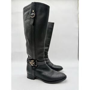 Tory Burch Elina Tall Black Textured Pebbled Leather Riding Boots Women's 7.5